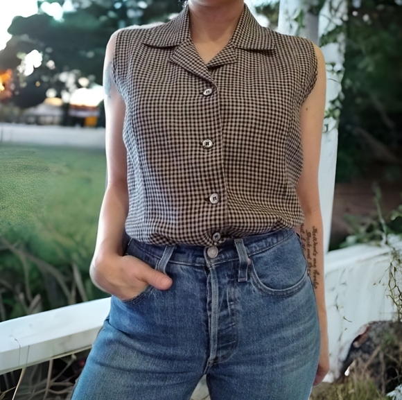 Vintage Tops - Vtg 90s Linen Notched Collar Top